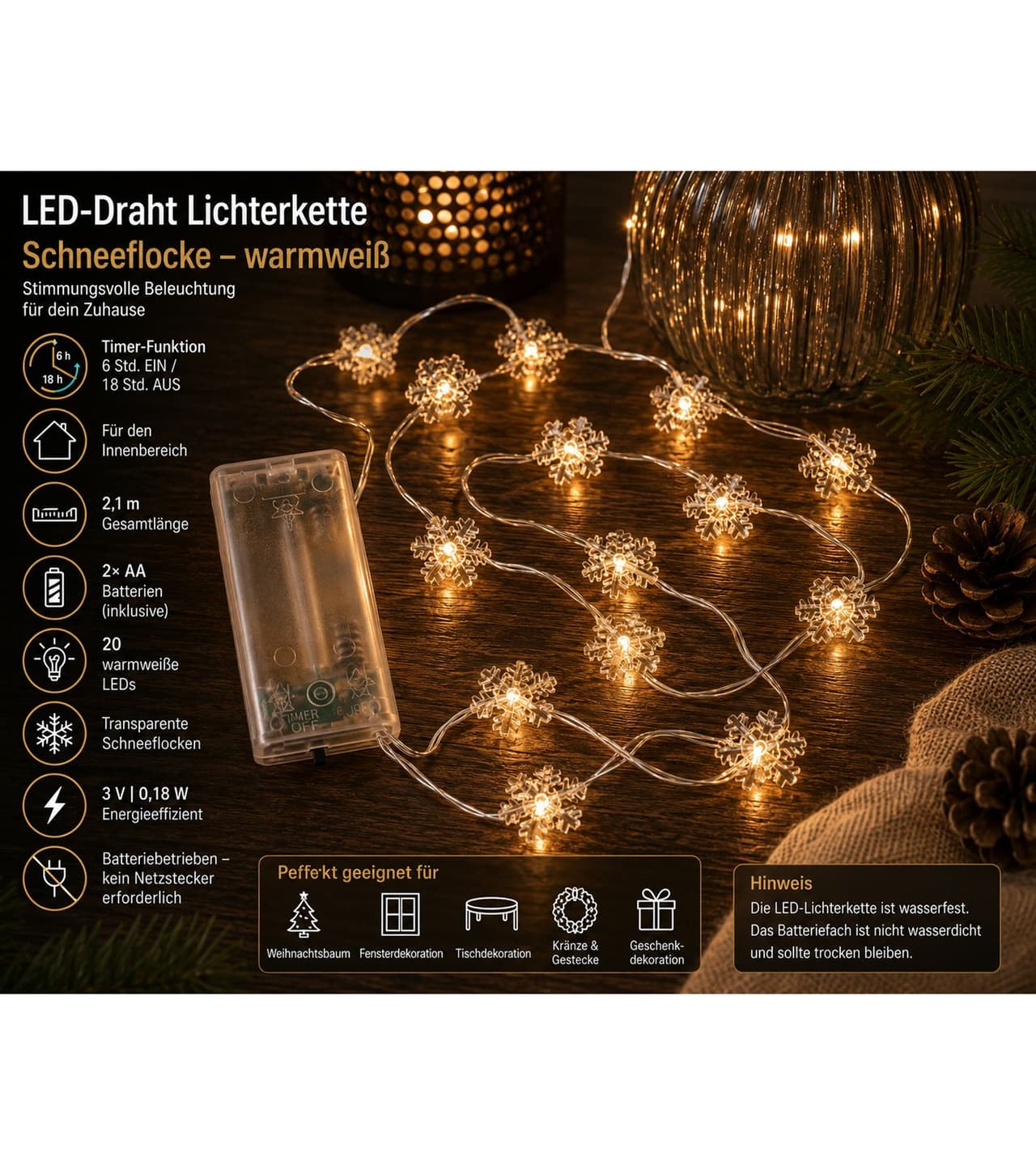 Lichtmomente Guirnalda de luces LED LIGHT MOMENTS con diseño de copo de nieve, temporizador, 2,1 metros, 20 micro LEDs blanco cálido, Plata