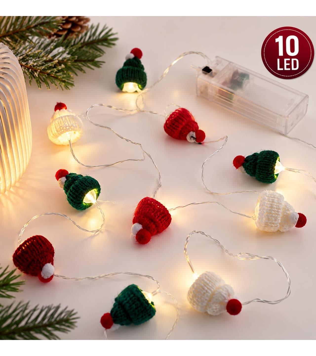 Lichtmomente Guirnalda de luces LED LIGHT MOMENTS con diseño de gorro de punto, temporizador, 1,6 metros, 10 micro LEDs blanco cálido, Plata