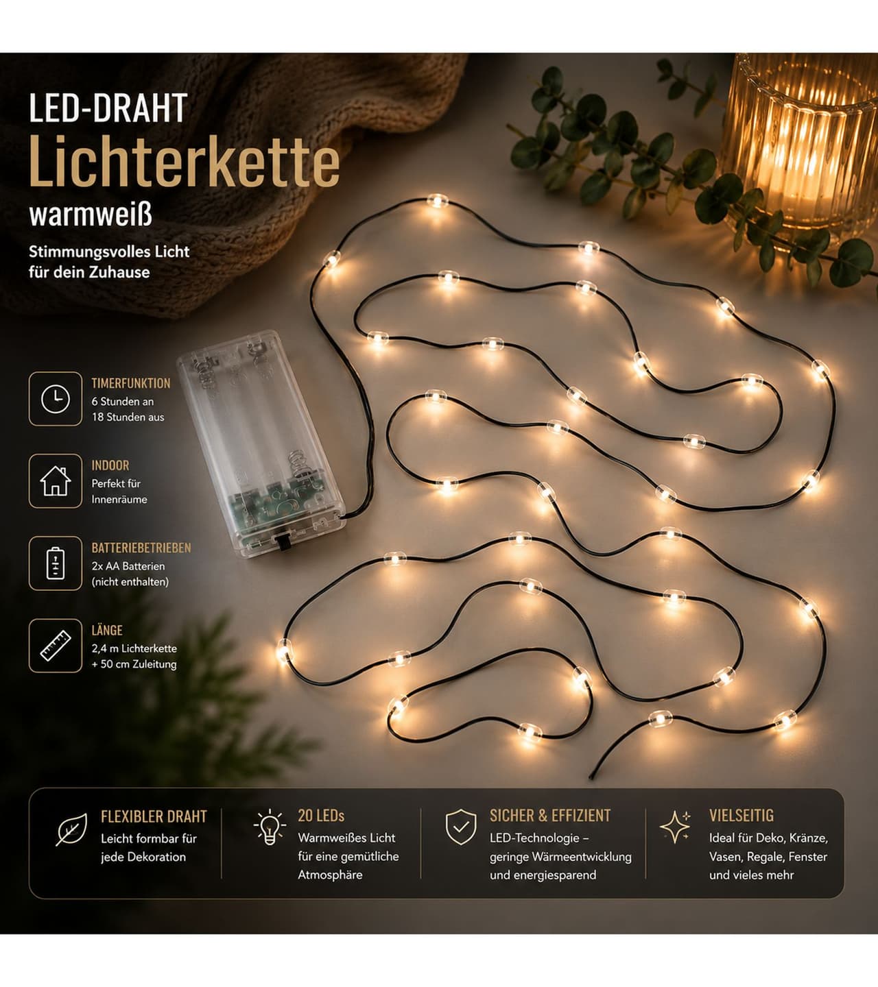 Lichtmomente Guirnalda de luces LED Atmospheric LIGHT MOMENTS con temporizador, 2,4 metros, 20 bombillas micro LED blanco cálido (9844845, verde)