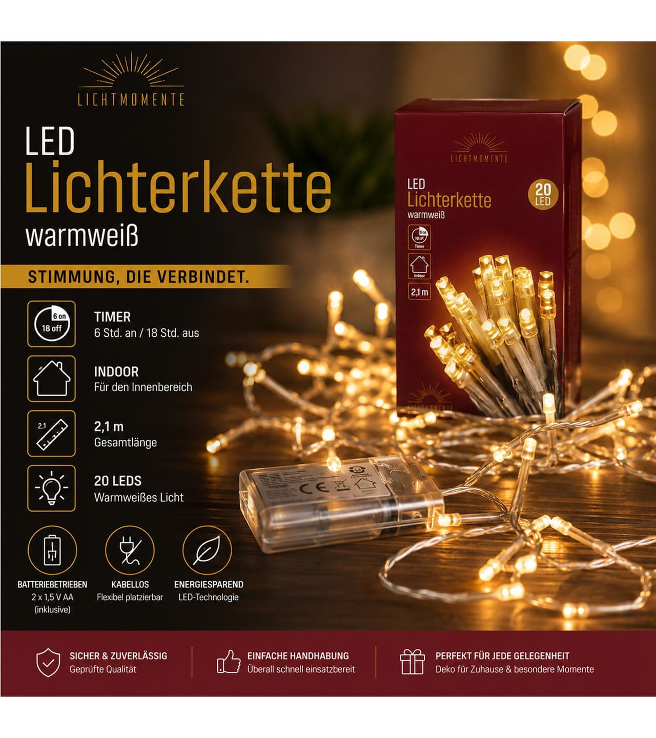 Lichtmomente Guirnalda de luces LED impermeables con temporizador, 2,2 metros, 20 micro LEDs blanco cálido, Plata