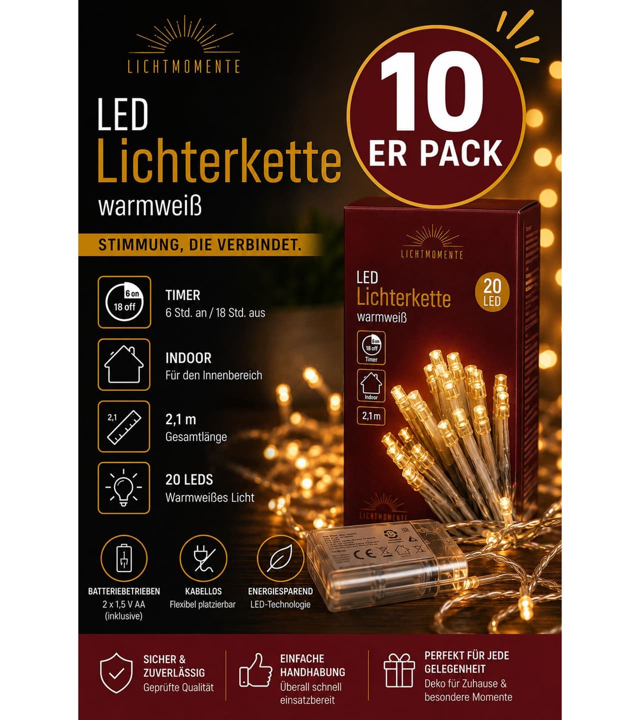 Lichtmomente Paquete de 10 guirnaldas de luces LED impermeables con temporizador, 2,2 metros, 20 micro LEDs blanco cálido, Plata