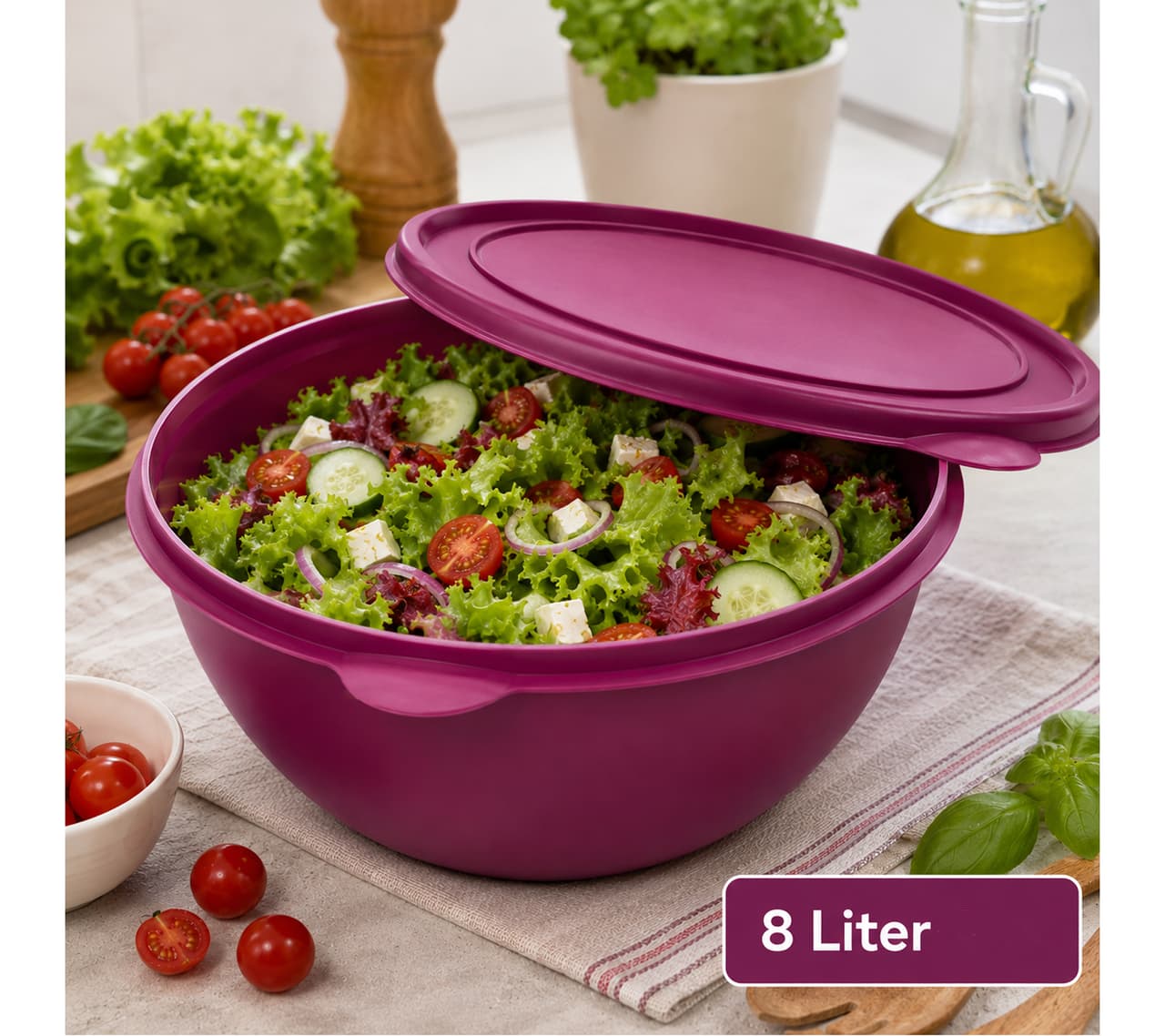 O46VS (MB8) Práctico recipiente para alimentos de 8 litros con tapa – Bol grande de plástico para guardar ensaladas, fruta y comida morado
