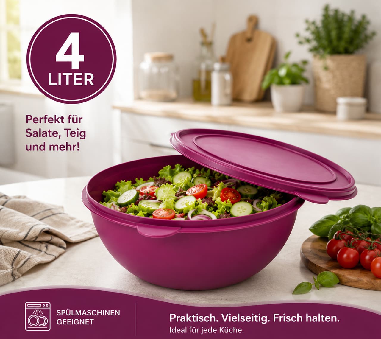 O46VS (MB8) Práctico recipiente para alimentos de 4 litros con tapa – Bol grande de plástico para guardar ensaladas, fruta y comida morado