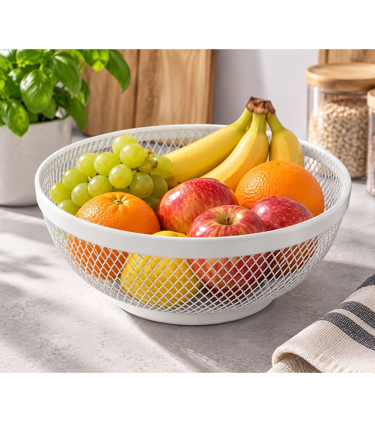 O46PN (MB10) Cesta de fruta de metal resistente con diseño de rejilla abierta. Cesta de pan de aprox. 25 × 25 × 11 cm. **Producto de segunda mano – probado y en perfecto funcionamiento** Blanco