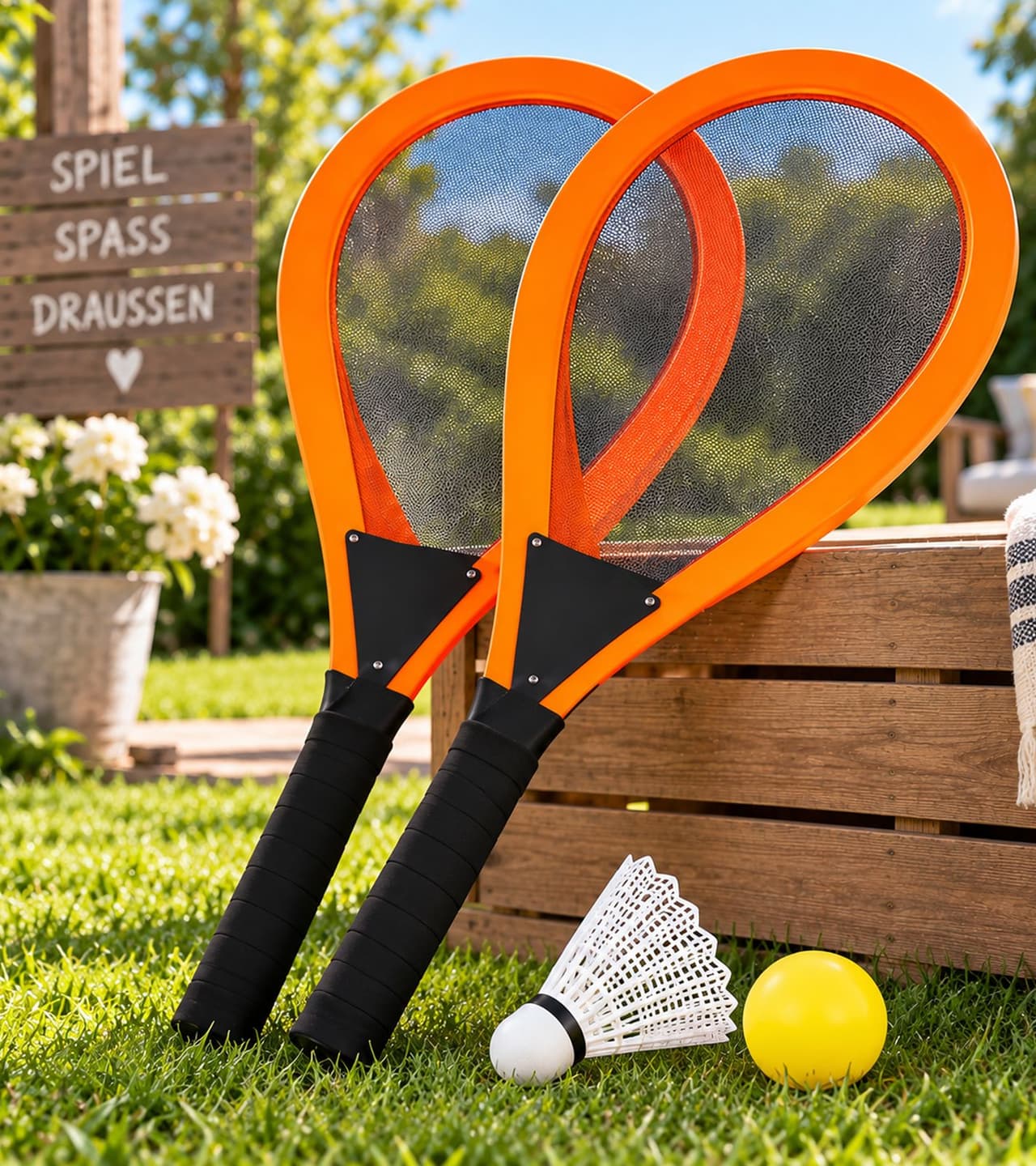 Aljulien Juego de bádminton gigante con raquetas extragrandes, aprox. 67 x 28 cm **Producto de segunda mano – Probado y en perfecto estado** Naranja/Negro