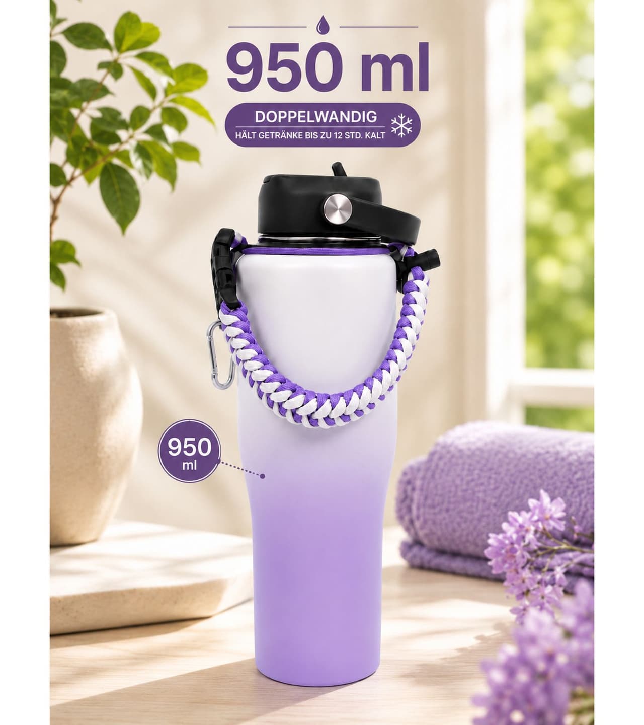 O46RW (MB9) Práctica botella de agua térmica de acero inoxidable de doble pared (950 ml) con pajita, correa de transporte y mosquetón – Morado/Blanco