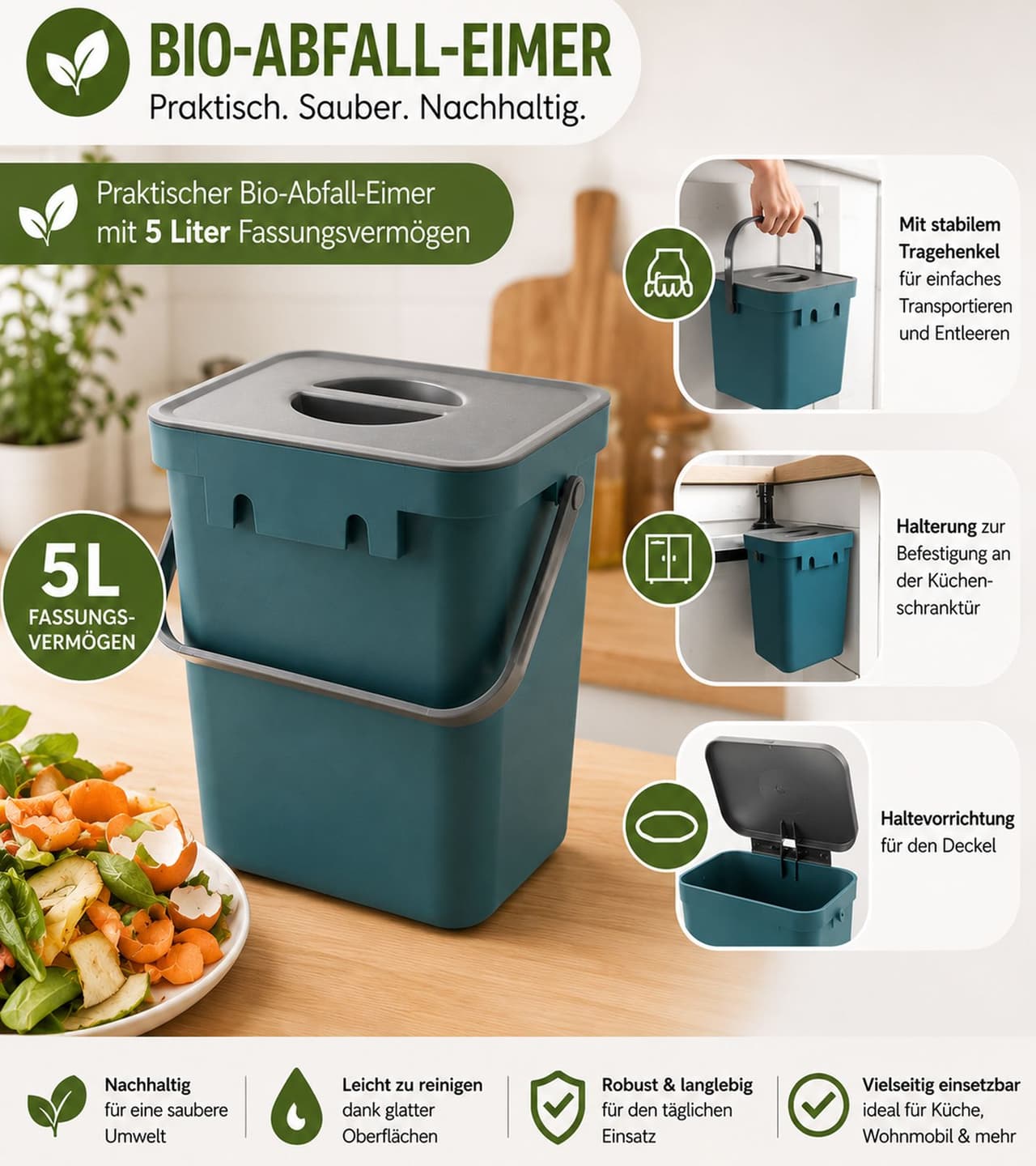 O46VS (MB8) Cubo de basura orgánico de 5 litros con asa, 24 x 16 x 15 cm, 9978255, Azul/Gris