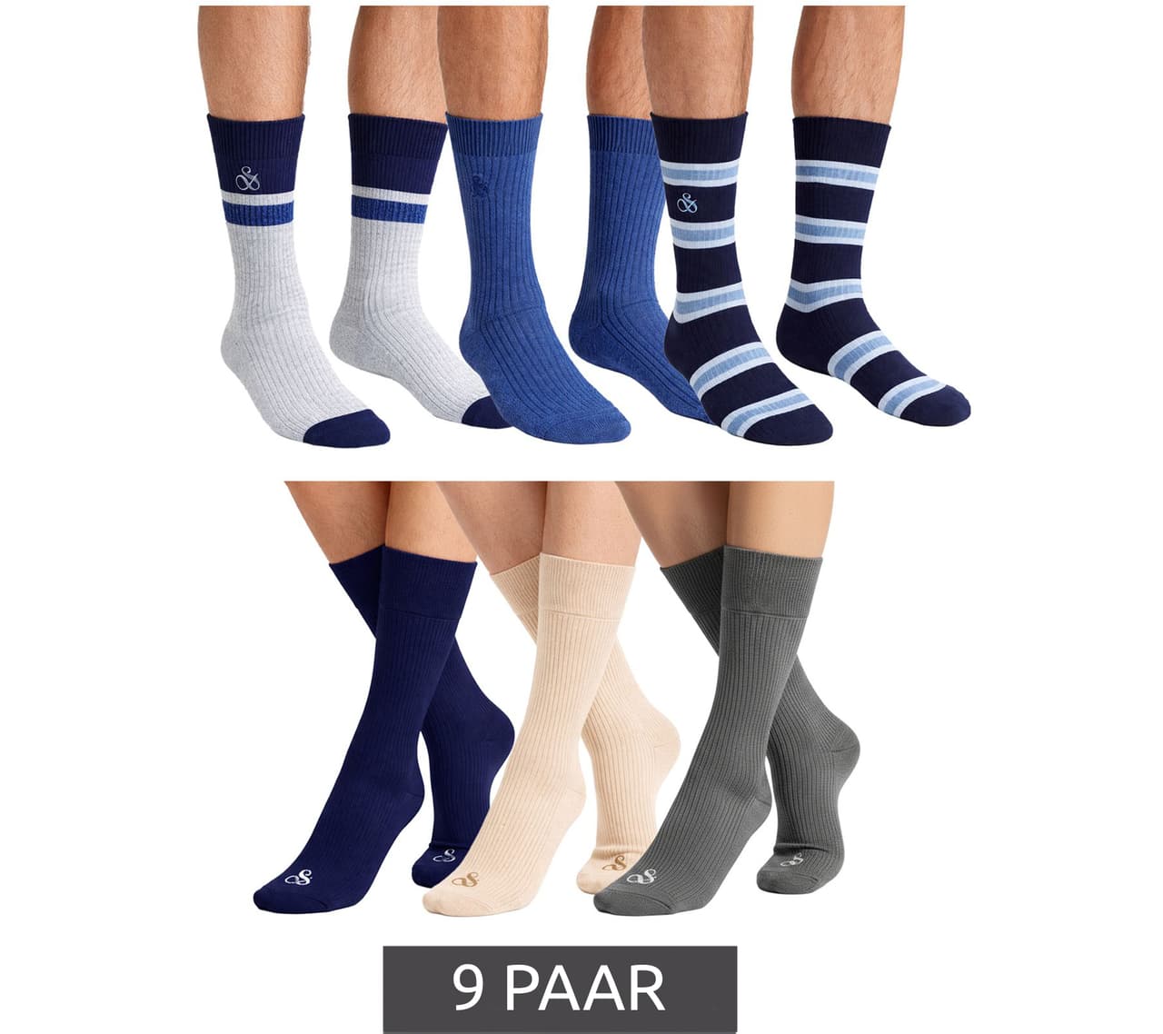 Scotch & Soda 9 pares de calcetines Amsterdam Everyday Socks para hombre, talla única (41-46), mezcla de algodón en gris/azul marino/azul o mezcla de rayón en gris/azul marino/beige