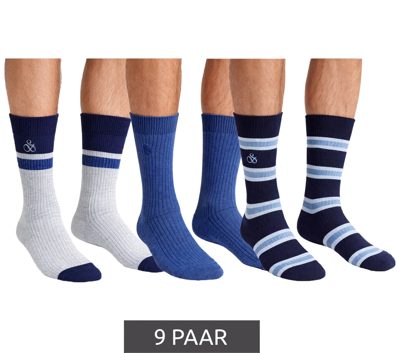 Scotch & Soda 9 pares de calcetines de hombre Amsterdam de mezcla de algodón, talla única (41-46), para uso diario. SS601099-037. Colores: Gris/Azul marino, Azul jaspeado, Rayas azules.