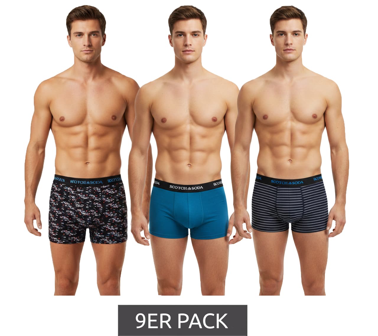 Scotch & Soda Pack de 9 calzoncillos bóxer para hombre con ropa interior de algodón elástico Azul/Negro/Multicolor