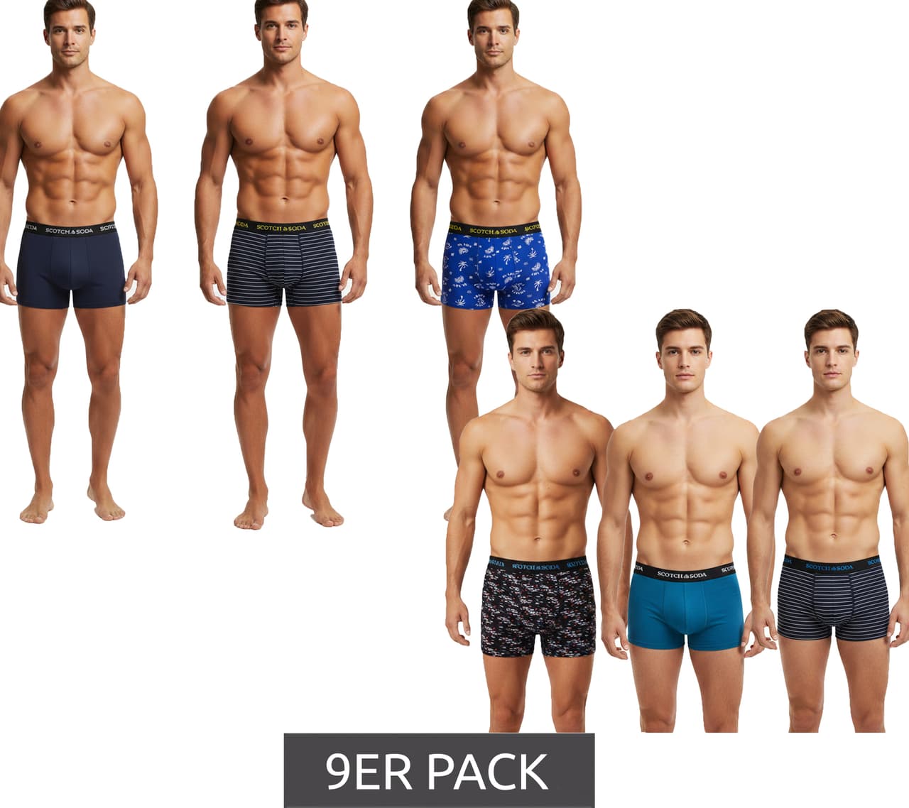 Scotch & Soda Pack de 9 calzoncillos bóxer para hombre con ropa interior de algodón elástico Azul/Negro/Multicolor o Azul/Multicolor