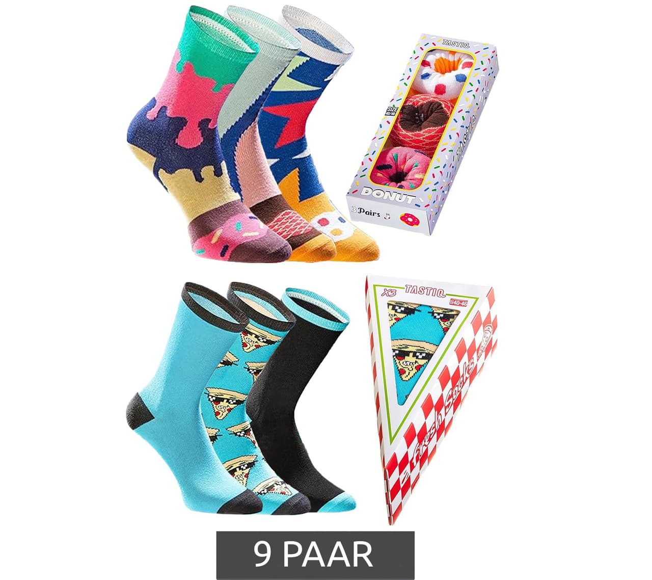 Tastiq 9 pares de calcetines para mujer, niños, de algodón con estampado, largos, en una elegante caja de regalo con estampado de pizza o donut.