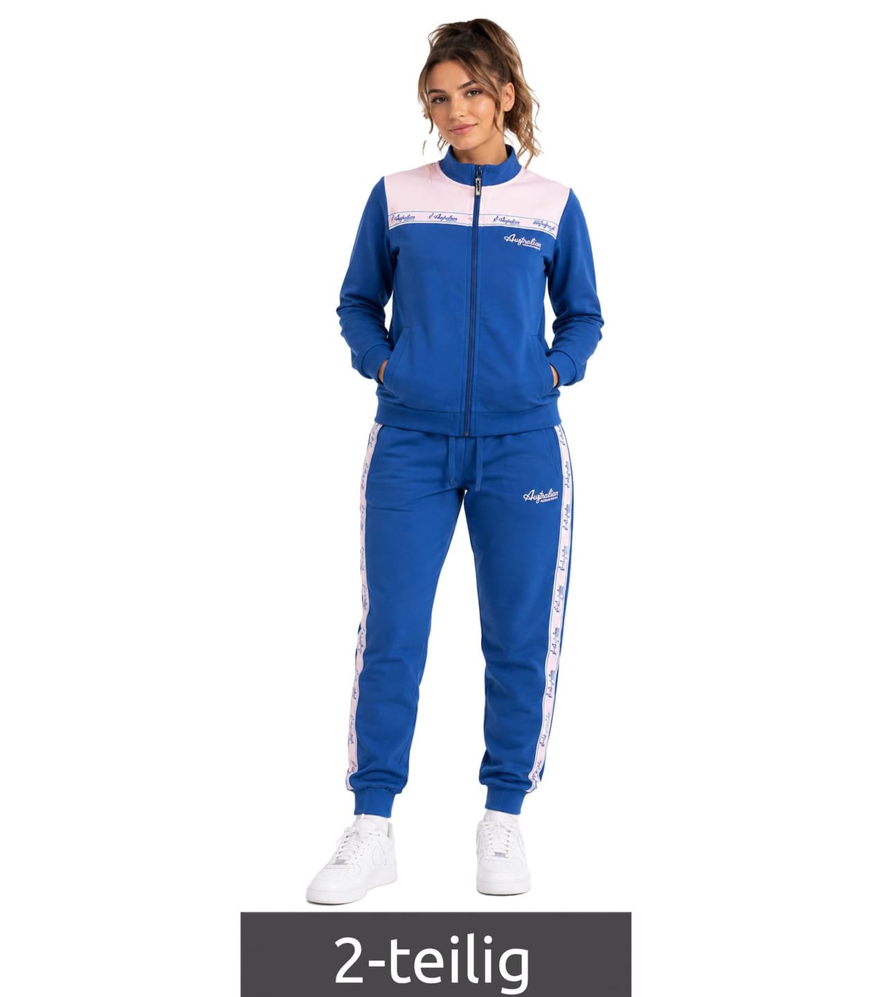 Australian Conjunto de ropa de estar por casa para mujer de Homewear, 2 piezas: Sudadera y pantalón deportivo de algodón con logo AF Azul/Rosa