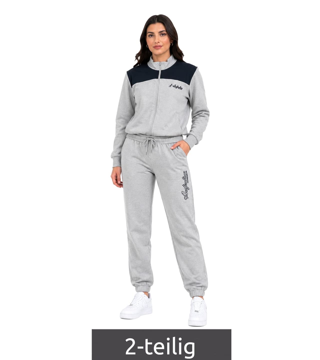 Australian Conjunto de ropa de estar por casa para mujer de Homewear, 2 piezas: Sudadera y pantalón deportivo de algodón con logo, AF 41, Gris/Azul marino
