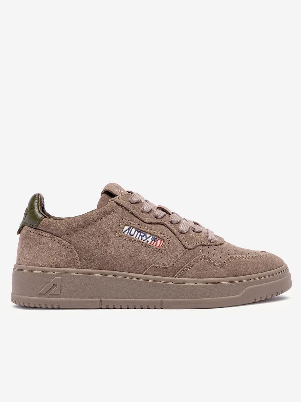 Autry M Medalist Low in suede marrone antilope e talloncino verde