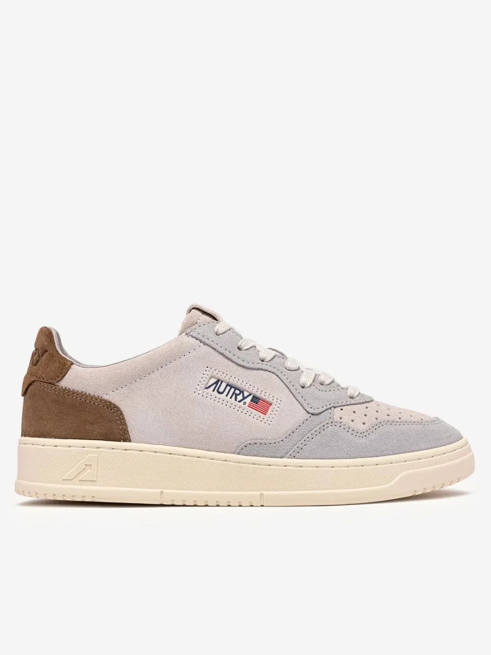 Autry M Medalist Low in suede tricolore bianco, grigio e marrone
