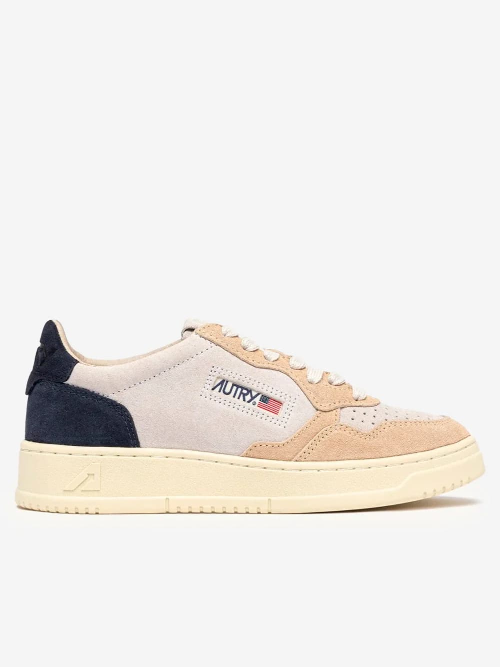 Autry M Medalist Low in suede tricolore bianco, beige e blu