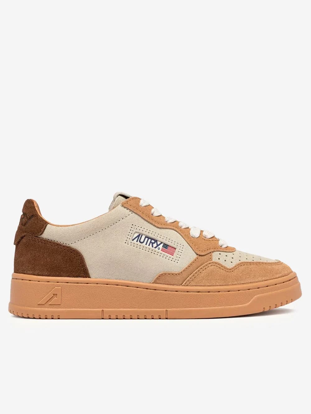 Autry M Medalist Low in suede tricolore beige, avorio e marrone