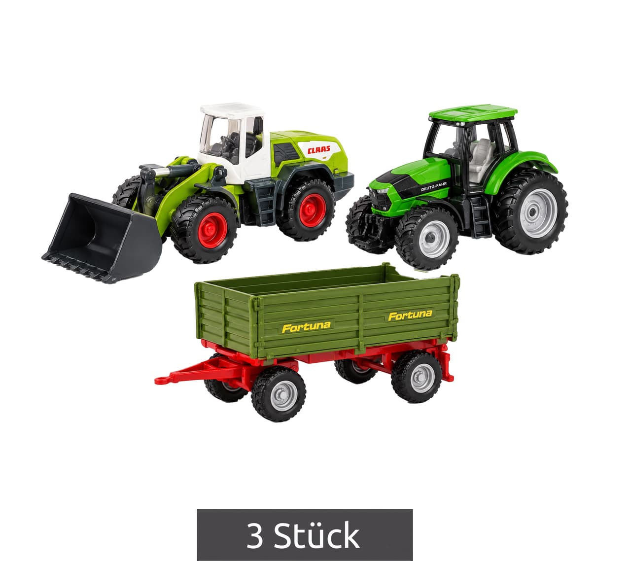 siku Set de 3 vehículos agrícolas de juguete incluye 2 vehículos agrícolas distintos y un remolque. **Producto de segunda categoría (B-Ware) – verificado**. Color: verde.