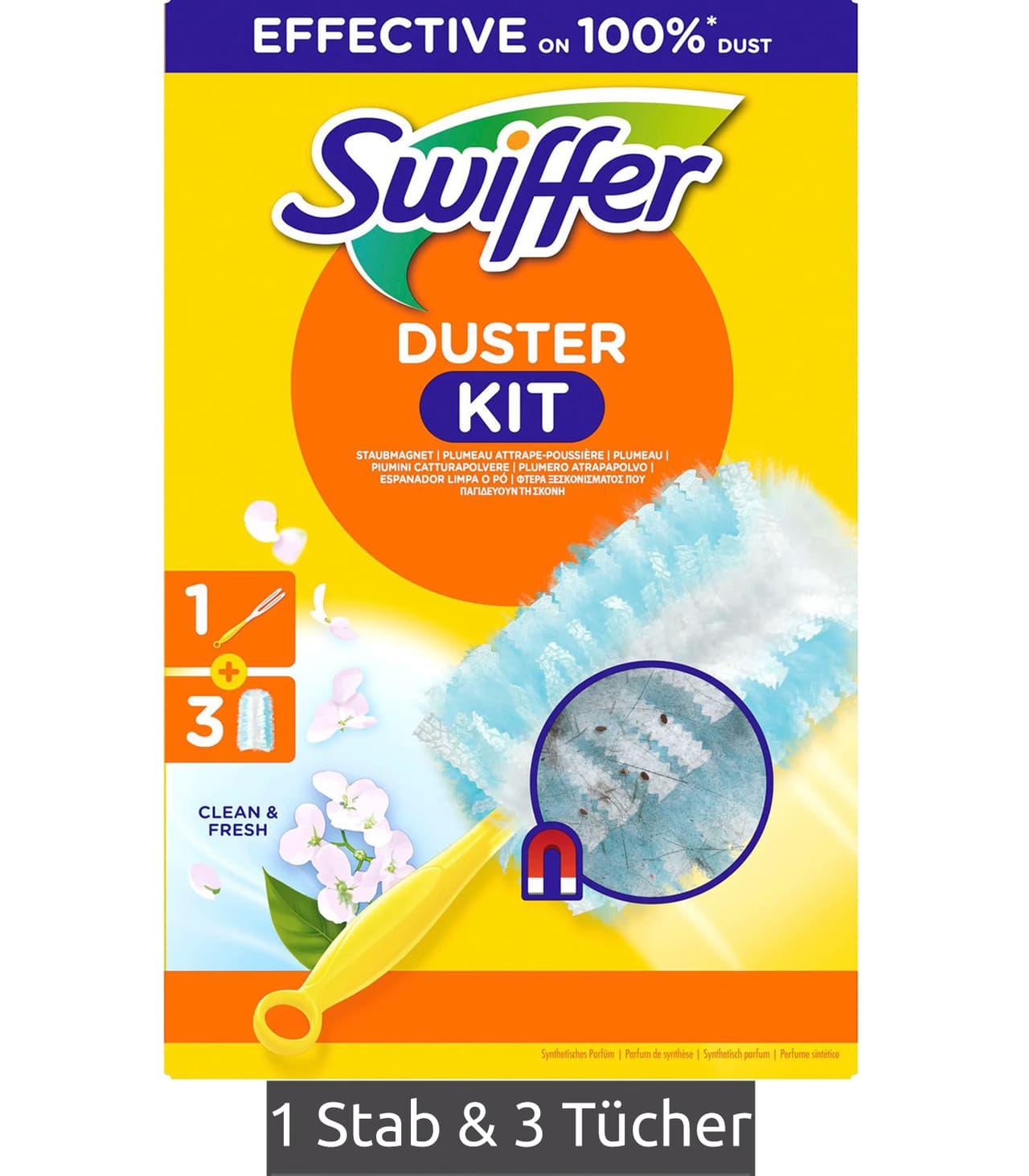 Swiffer Kit de inicio Duster con mango + 3 paños perfumados Clean & Fresh **Producto de segunda mano – Inspeccionado** Amarillo/Azul