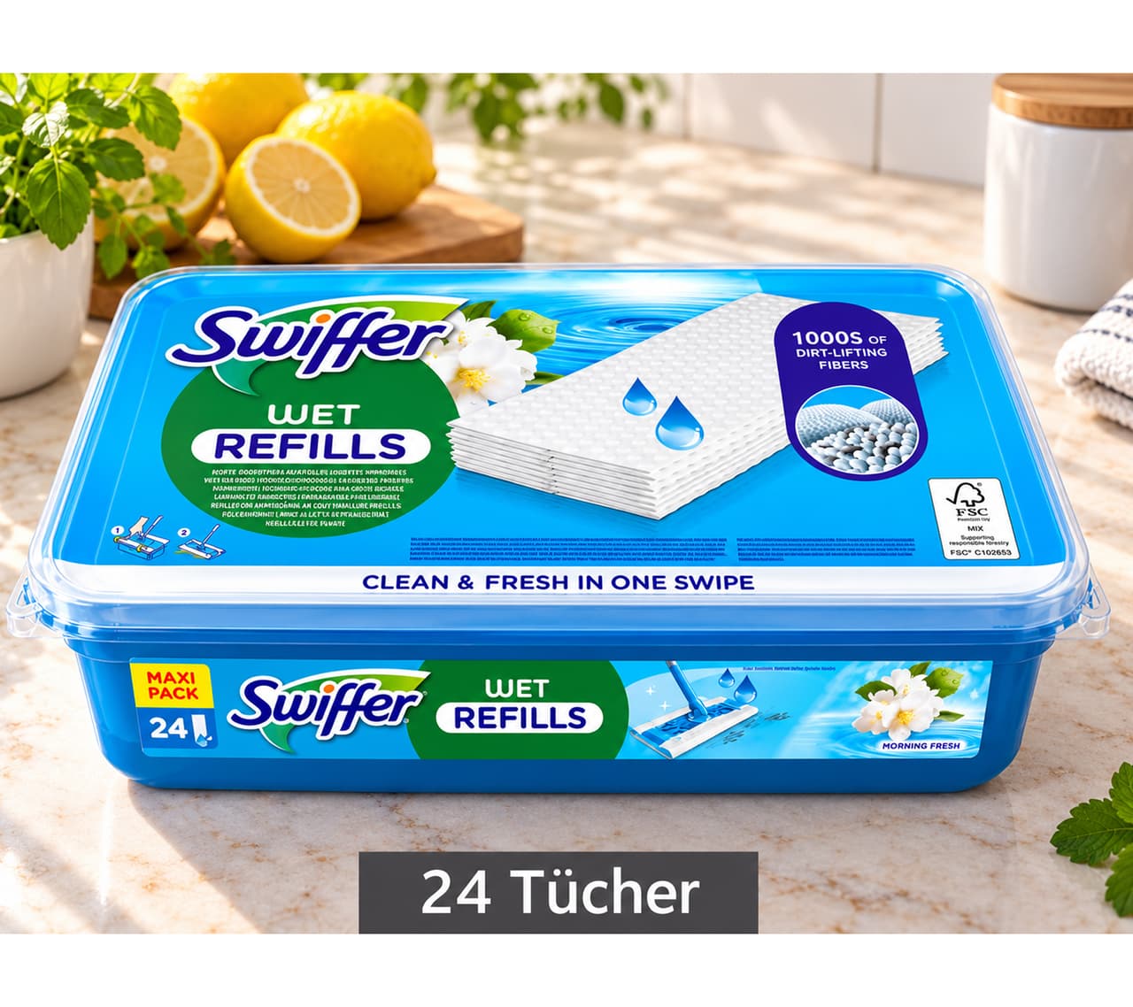 Swiffer 24 Paquete MAXI de toallitas húmedas para pisos con miles de fibras que reducen la dispersión **Producto de segunda mano - Inspeccionado** Recambios húmedos en color blanco