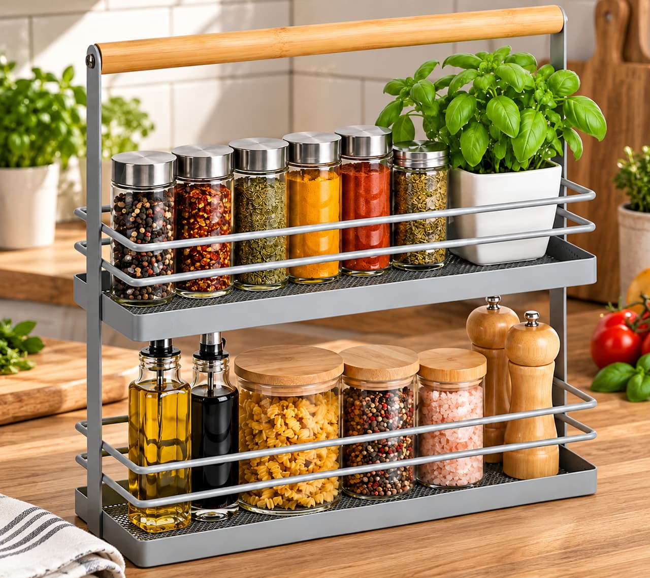 O46PN (MB10) 2-Tier Storage Stand (Metal & Bamboo) for Kitchen/Bathroom – Approx. 34 × 24.5 × 10.5 cm **B-Stock – Inspected** – Grey