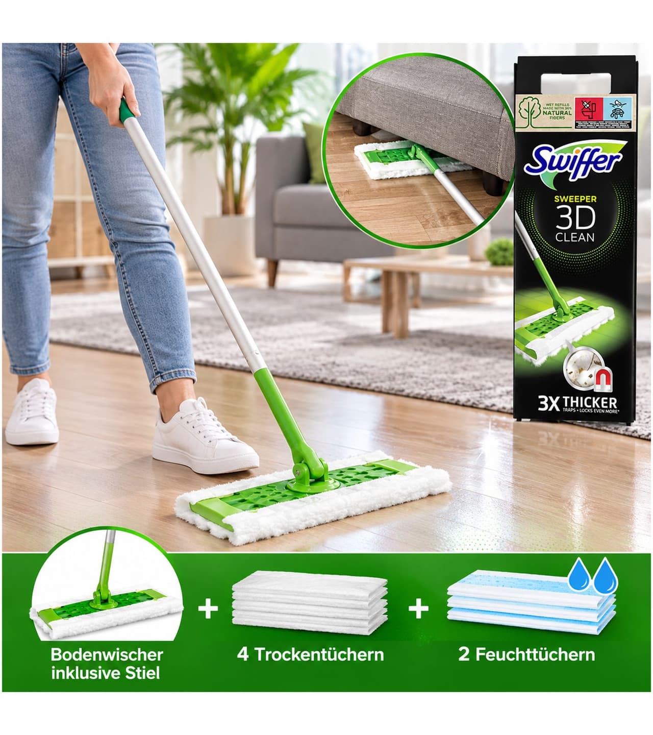 Swiffer Práctica mopa para suelos con mango, 4 paños secos y 2 paños húmedos – Fibras 3D – Producto de categoría B – Verificado – Verde