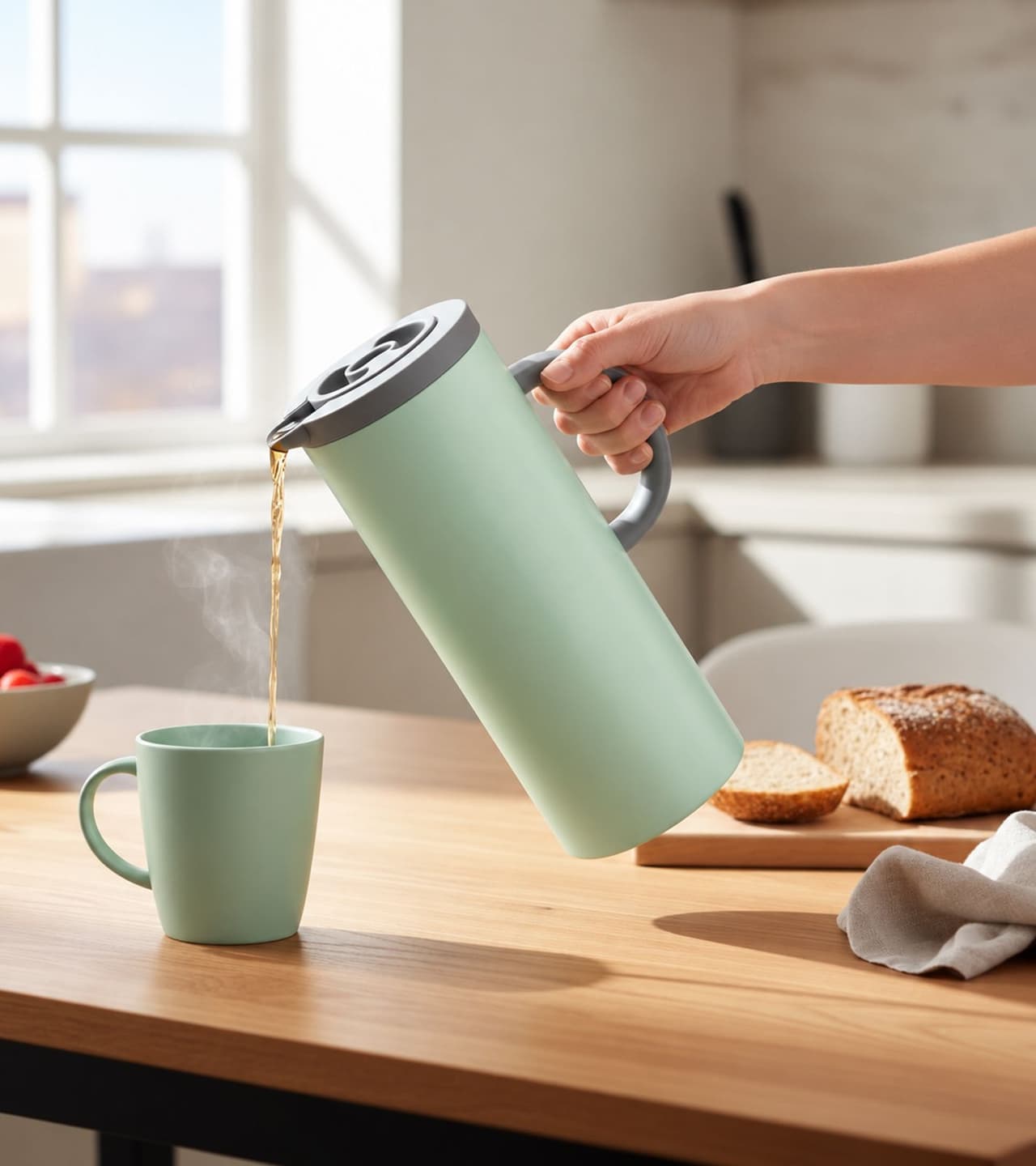 DR Home Divison Jarra térmica Home Division 1L con interior de vidrio & cierre Quick-Press, mantiene caliente hasta 12h / frío hasta 24h **Producto de segunda selección – probado** en Verde Menta