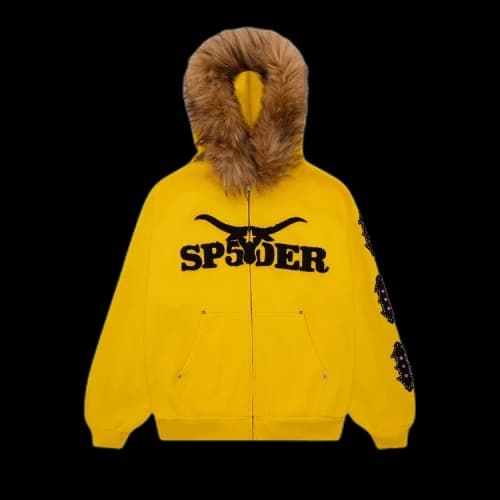 Sp5der Fur Hooded Zip Up Sweatshirt 'Yellow'