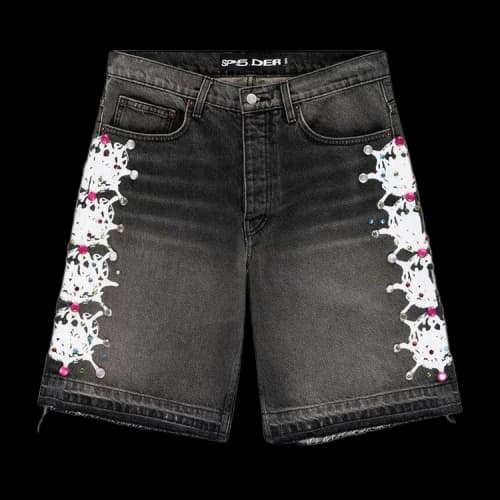 Sp5der Web Stone Denim Shorts 'Black Wash'