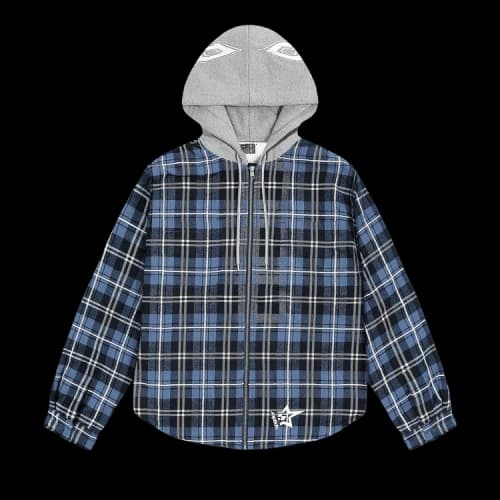 Sp5der Hooded Zip Flannel Shirt Jacket 'Blue Plaid'