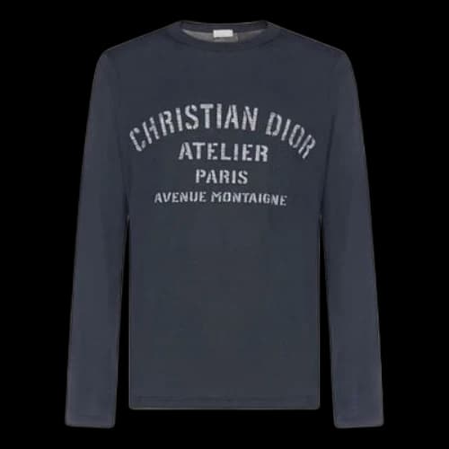 DIOR Solid Color Printing Cotton Casual Round Neck Long Sleeves Navy Blue
