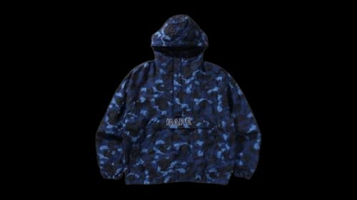 BAPE Crinkle Effect Color Camo Half Zip Hoodie Jacket Navy Blue