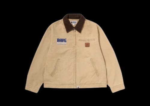 BAPE Embroidered Logo Zip Up Work Jacket Beige
