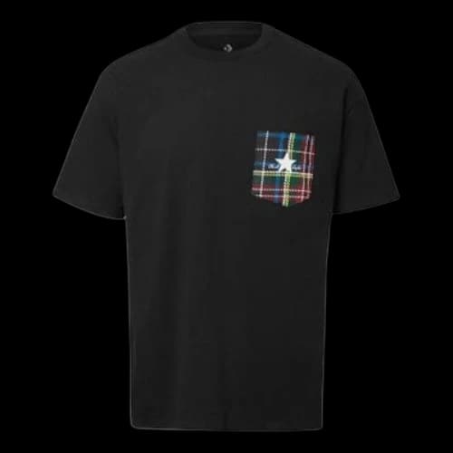 Converse Contrasting Colors Plaid Pocket Casual Round Neck Short Sleeve Black