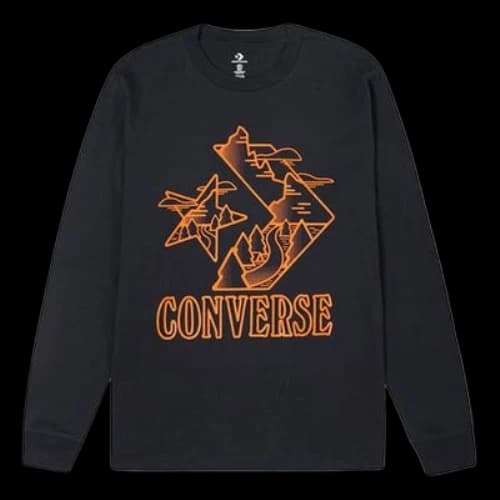 Converse Contrasting Colors Logo Printing Round Neck Long Sleeves Dark Black T-Shirt