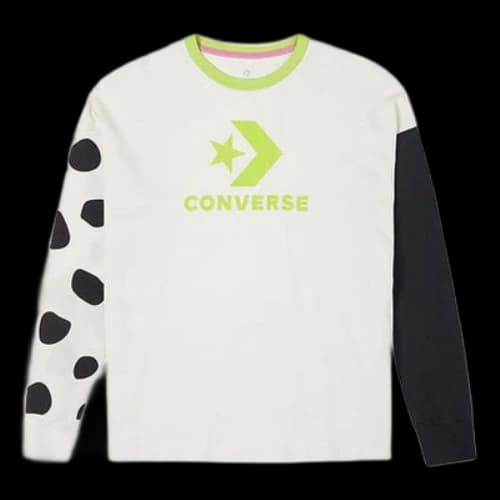 Converse Large Logo Printing Splicing Contrasting Colors Loose Round Neck Long Sleeves White T-Shirt (Women's)