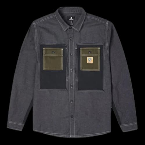 Converse Flowers Small Logo Retro Splicing Contrasting Colors Woven Shirt Jacket Dark Black