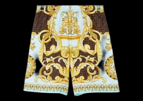 Fendi Fendace Baroque Silk Shorts Gold/Blue
