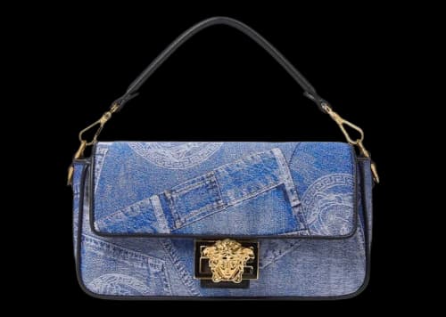 Fendi Fendace Baguette Shoulder Bag Denim Patchwork Print