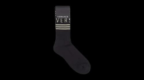 Versace Logo Intarsia Cotton Gold Tinted Crew Socks Black