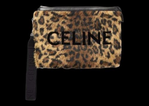 Celine Small Logo-Flocked Leopard-Print Faux Fur Pouch Natural/Black