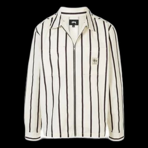 Stussy Stripe Shirt Stand Collar Long Sleeves Jacket Beige