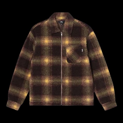 Stussy Shadow Plaid Sherpa Zip Shirt 'Brown'