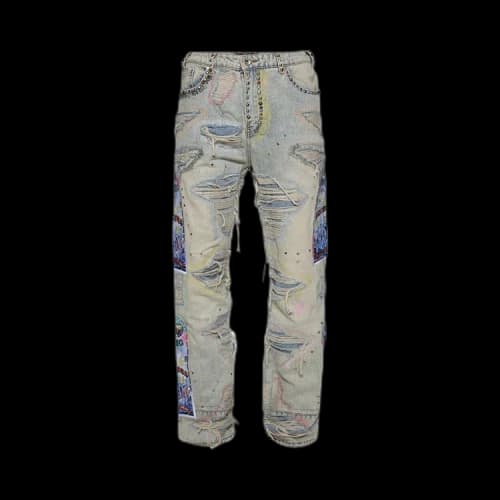 Who Decides War Stud Distressed Denim With Side Embroidery 'Sky'
