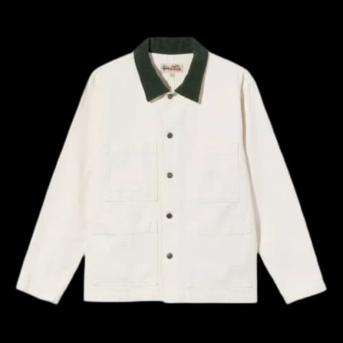 Stussy Cord Collar Canvas Chore Jacket Solid Color Multiple Pockets lapel Unisex White