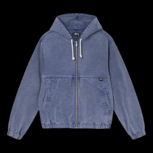 Stussy SS22 Stone Washed Work Jacket Blue Metallic Zipper Hooded Jacket