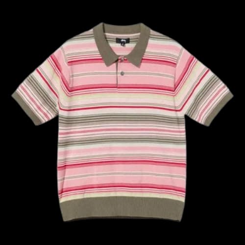 Stussy Stripe Pattern Loose Short Sleeve Polo Shirt Unisex Pink