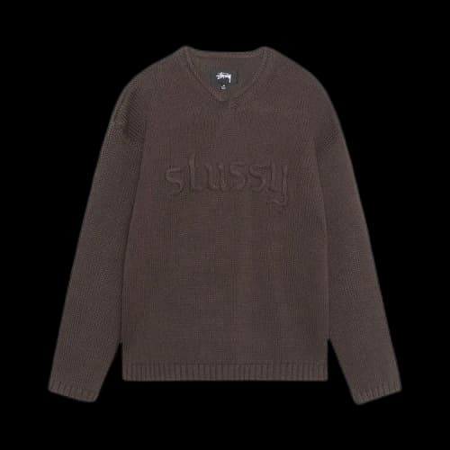 Stussy Embroidered V-Neck Logo Sweater Brown