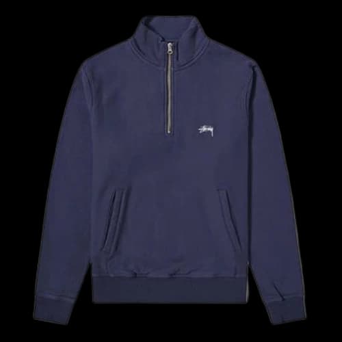 Stussy Stock Fleece Mock Fleece Lined Stand Collar Half Zipper Navy Blue